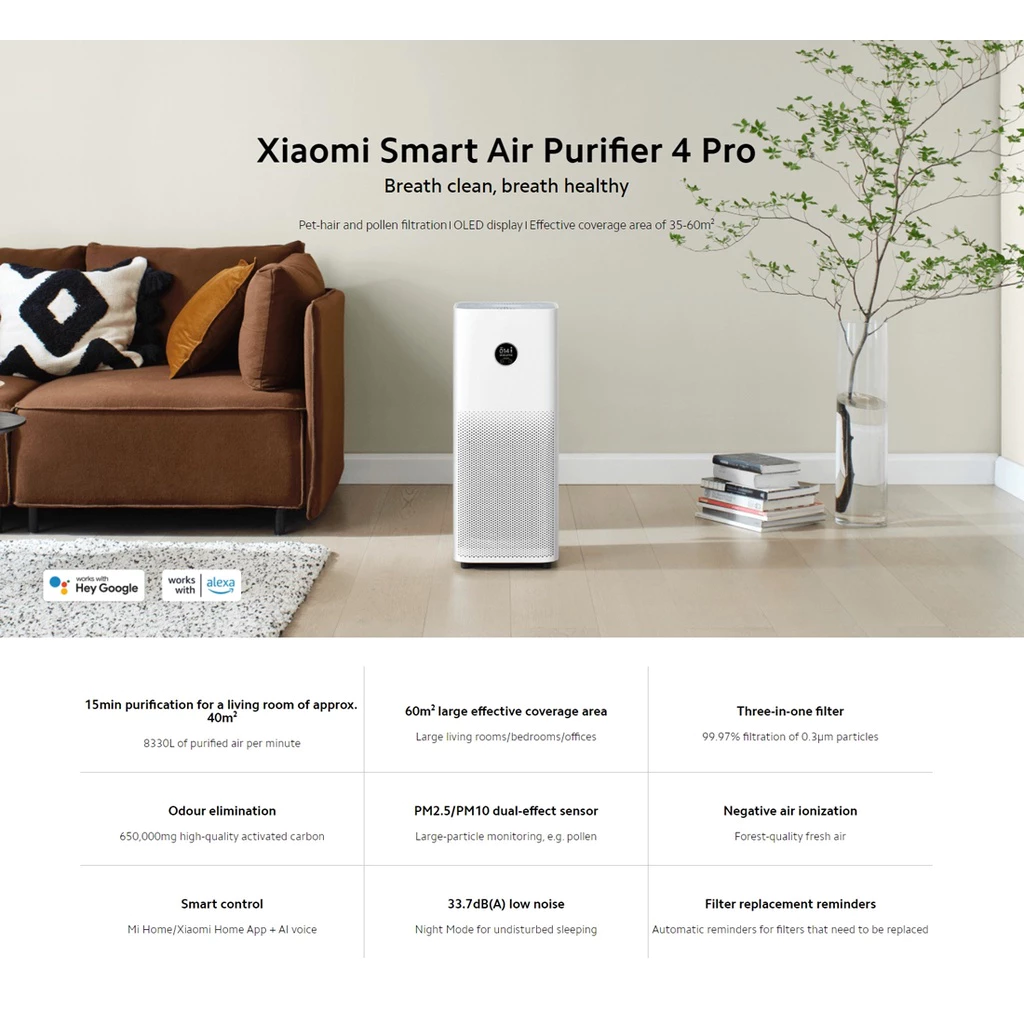 Xiaomi Air Purifier 4 Pro เครื่องฟอกอากาศ 60 ตรม. เครื่องกรองอากาศ ฆ่าเชื้อสูงถึง 99.9% 3